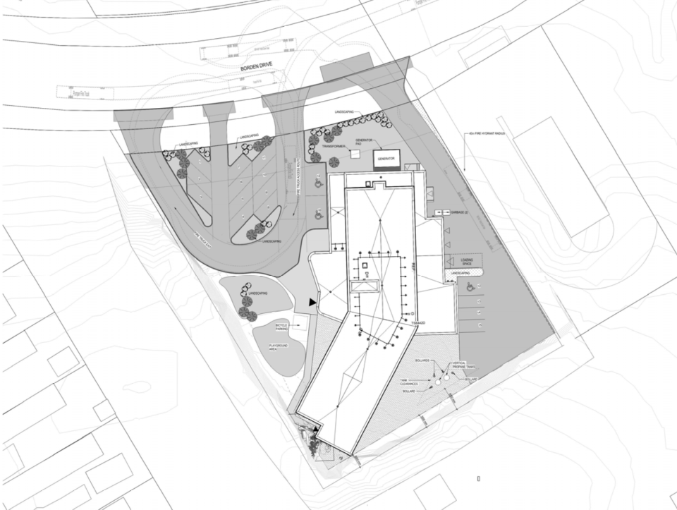 A schematic published among city documents shows how the building would connect to Borden Drive, top.